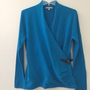 NEIMAN MARCUS CASHMERE COLLECTION TURQUOISE V NECK FAUX WRAP SWEATER Women L